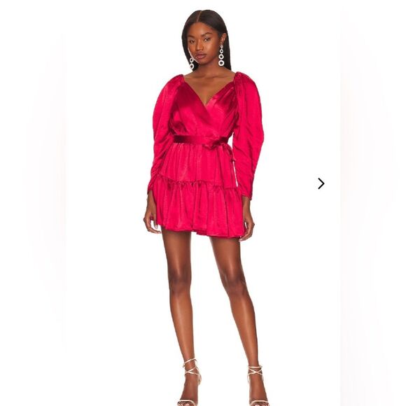 Lover + Friends  Cherry Red Corinne Mini Wrap Dress Medium small spot Revolve - Picture 1 of 7